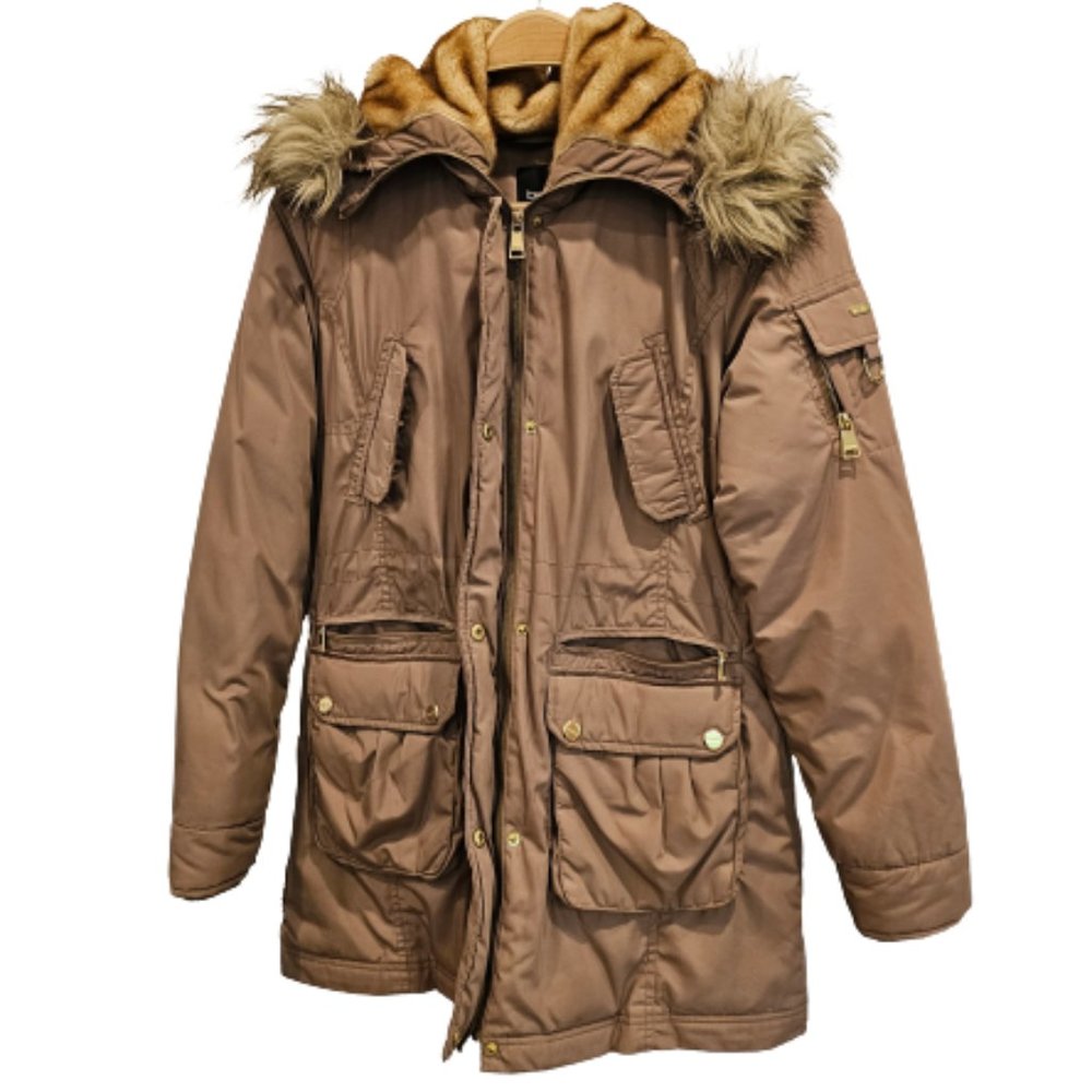 bebe Dark Beige 10% Down Faux Fur Trim Winter Coat size S